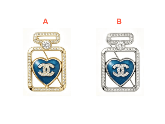 Chanel - Inspired Perfume Bottle Heart Brooch for Women, Luxury Designer Style Pin - mingfabricstore