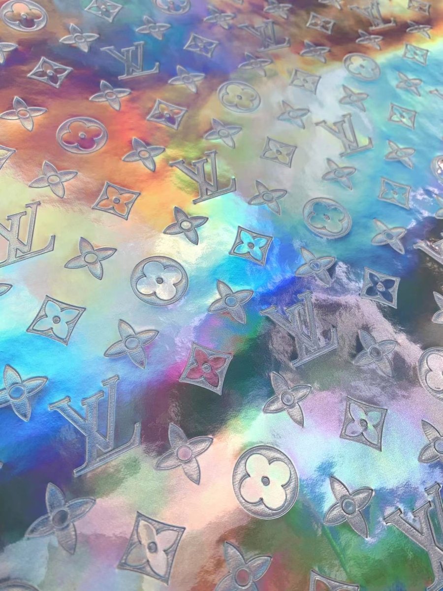 Custom Designer LV Silver Embossed Hologram Vinyl Leather Fabric for DIY Crafts Upholstery - mingfabricstore