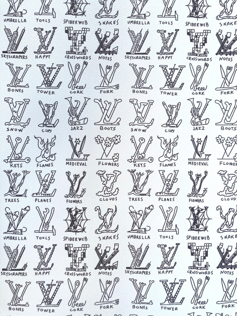 Custom Hand painted Casual LV Doodle Vinyl Leather Fabric for DIY Bag Upholstery - mingfabricstore