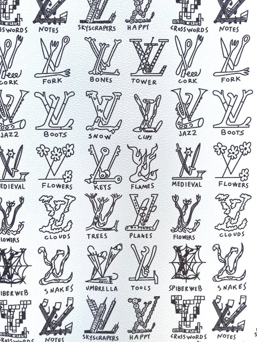 Custom Hand painted Casual LV Doodle Vinyl Leather Fabric for DIY Bag Upholstery - mingfabricstore