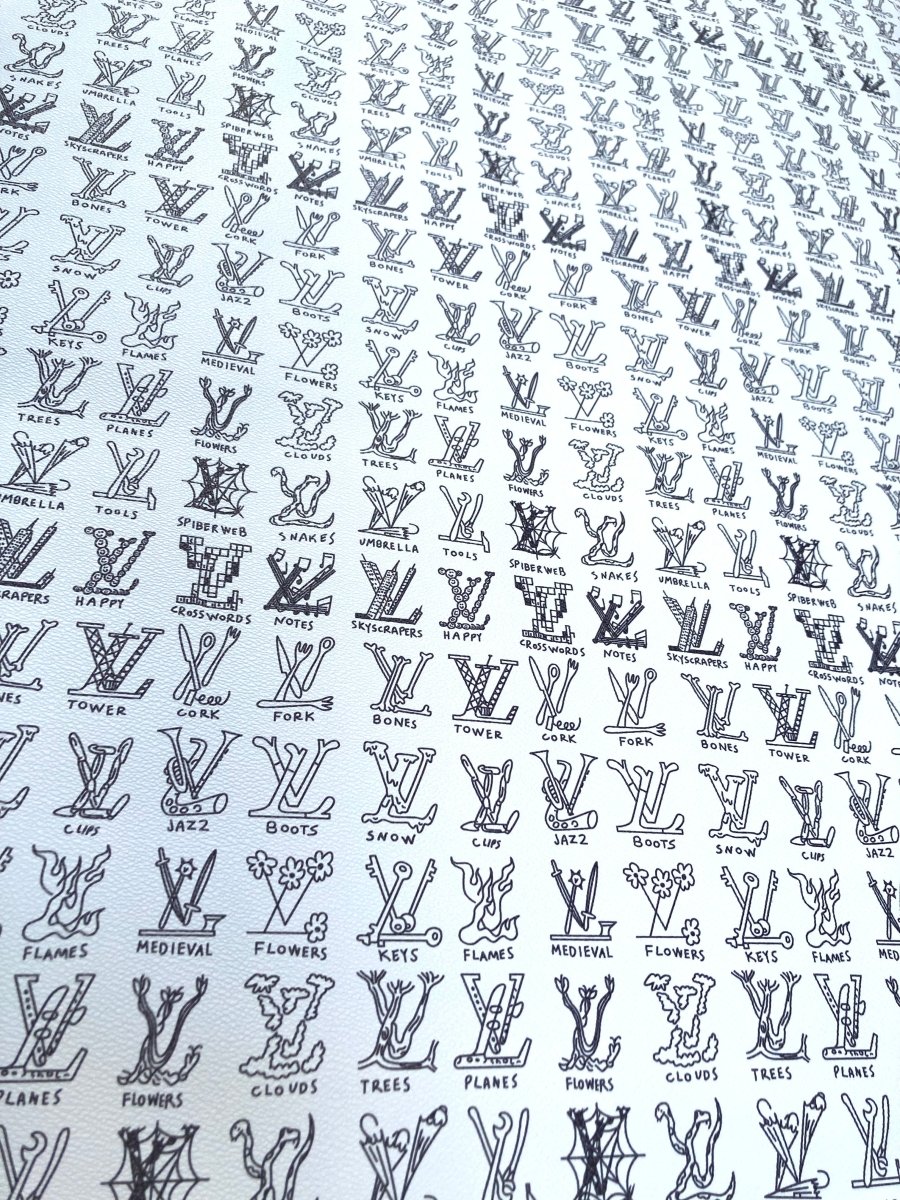 Custom Hand painted Casual LV Doodle Vinyl Leather Fabric for DIY Bag Upholstery - mingfabricstore