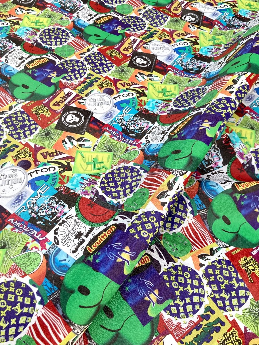 Designer Cartoon LV Vinyl Leather Materials for Handmade Custom Sneakers DIY Upholstery - mingfabricstore