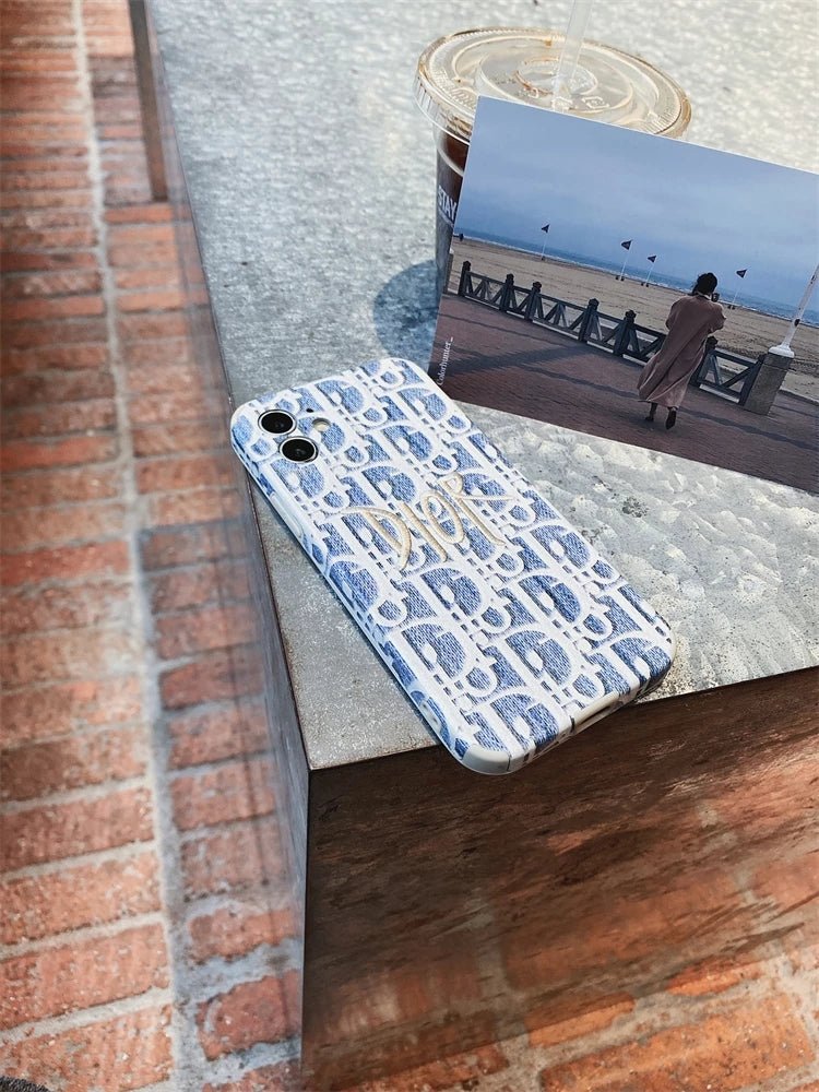 Dior Blue Embroidery with Gold Logo Fabric iPhone Cases. - mingfabricstore