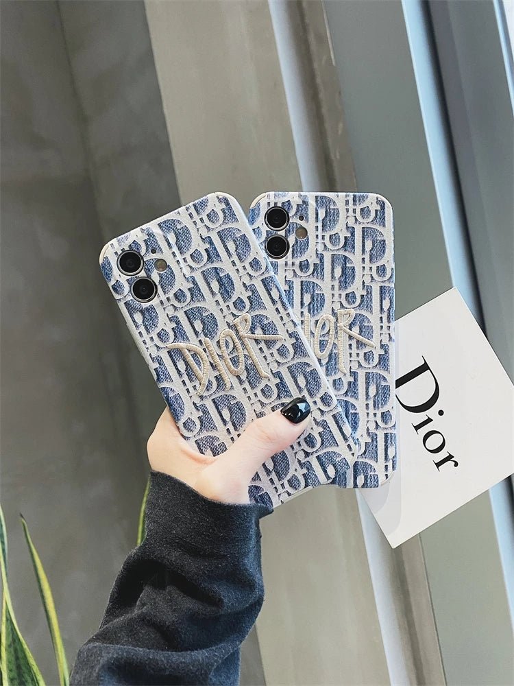 Dior Blue Embroidery with Gold Logo Fabric iPhone Cases. - mingfabricstore