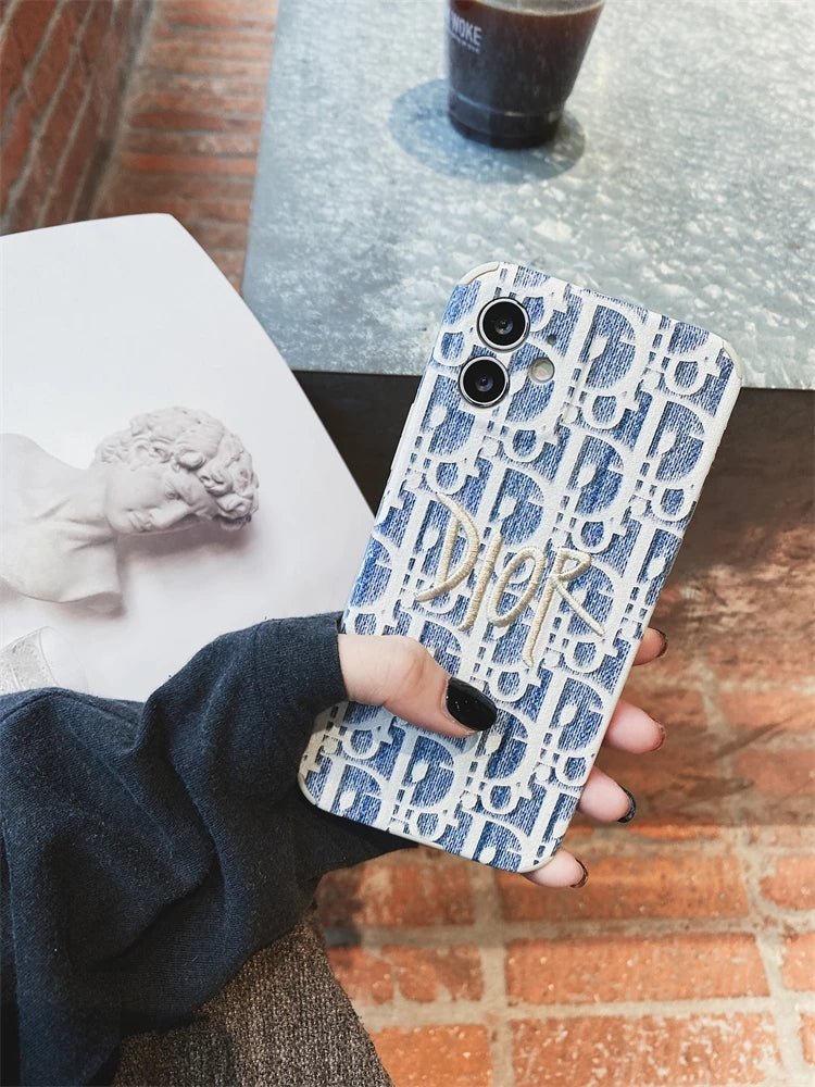 Dior Blue Embroidery with Gold Logo Fabric iPhone Cases. - mingfabricstore