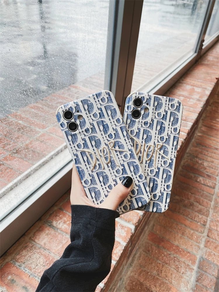 Dior Blue Embroidery with Gold Logo Fabric iPhone Cases. - mingfabricstore