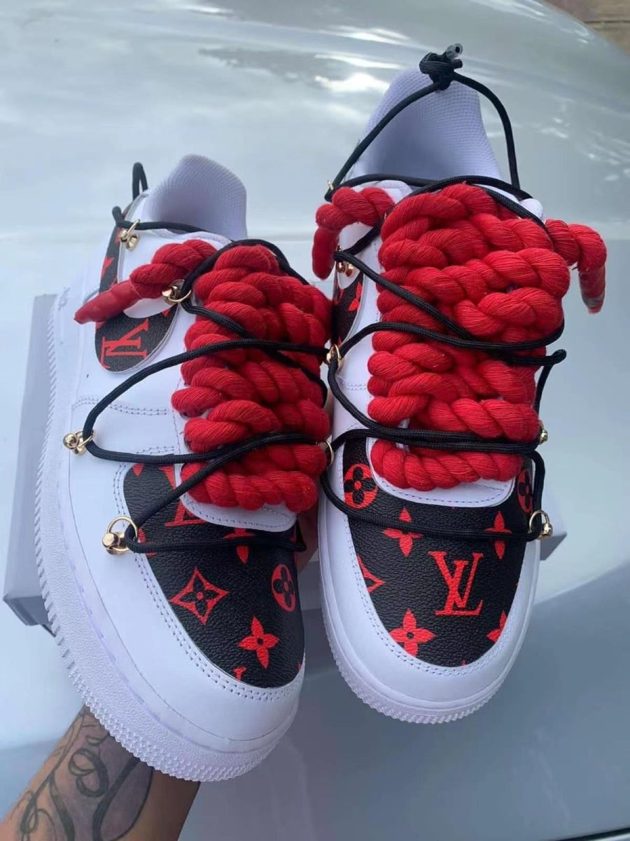 Elegant Black Red LV Monogram Leather Vinyl for Custom Sneakers Handcrafted - mingfabricstore