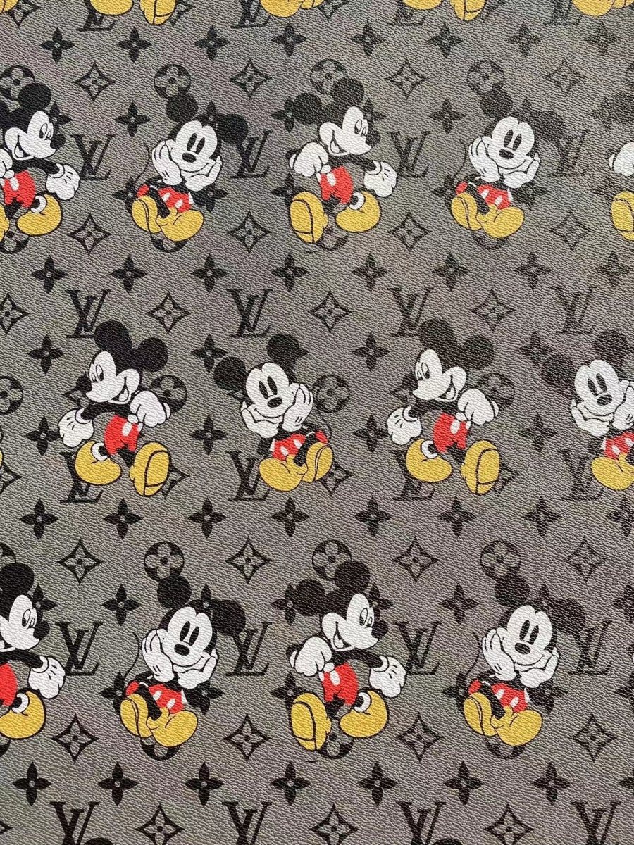 Grey Mickey Mouse LV Louis Vuitton Cartoon Designer Faux Leather Sheet Custom Sneakers - mingfabricstore