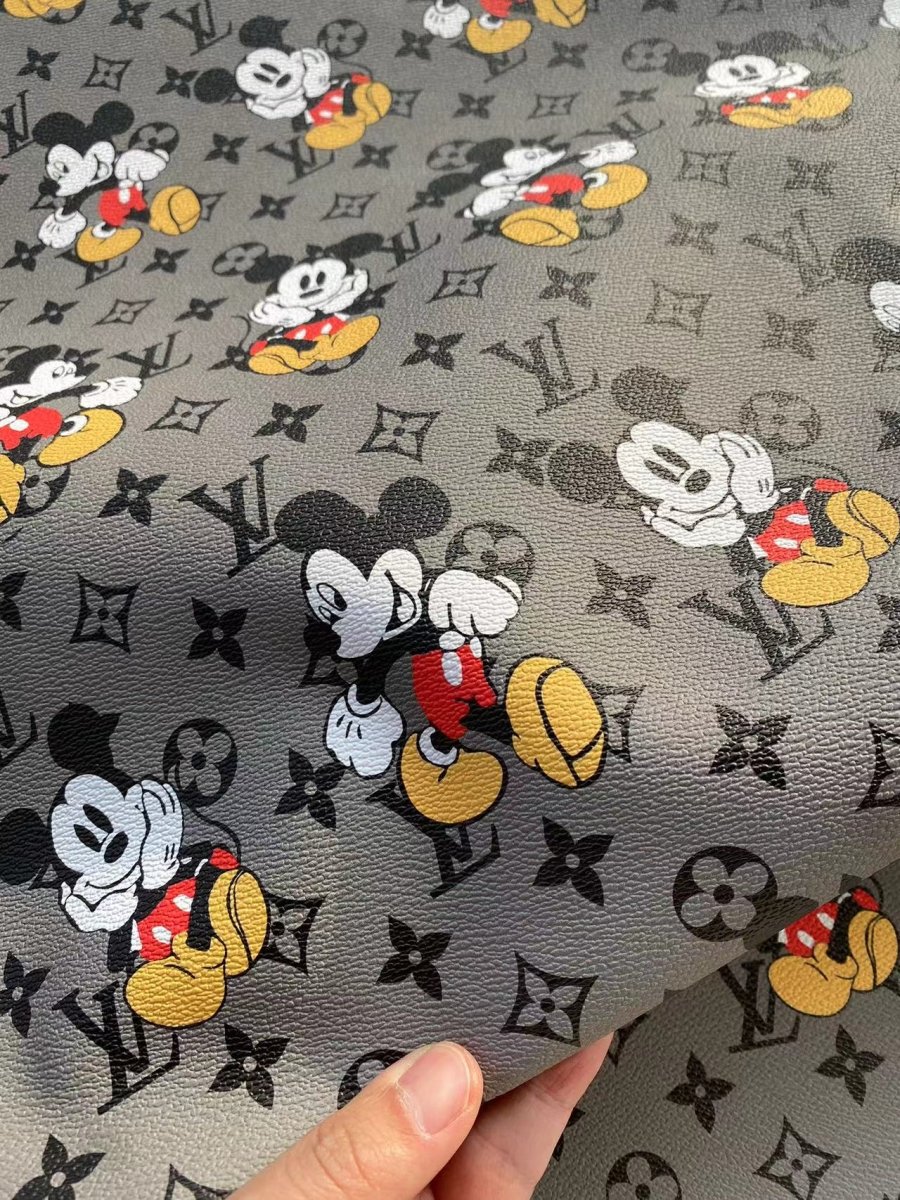 Grey Mickey Mouse LV Louis Vuitton Cartoon Designer Faux Leather Sheet Custom Sneakers - mingfabricstore