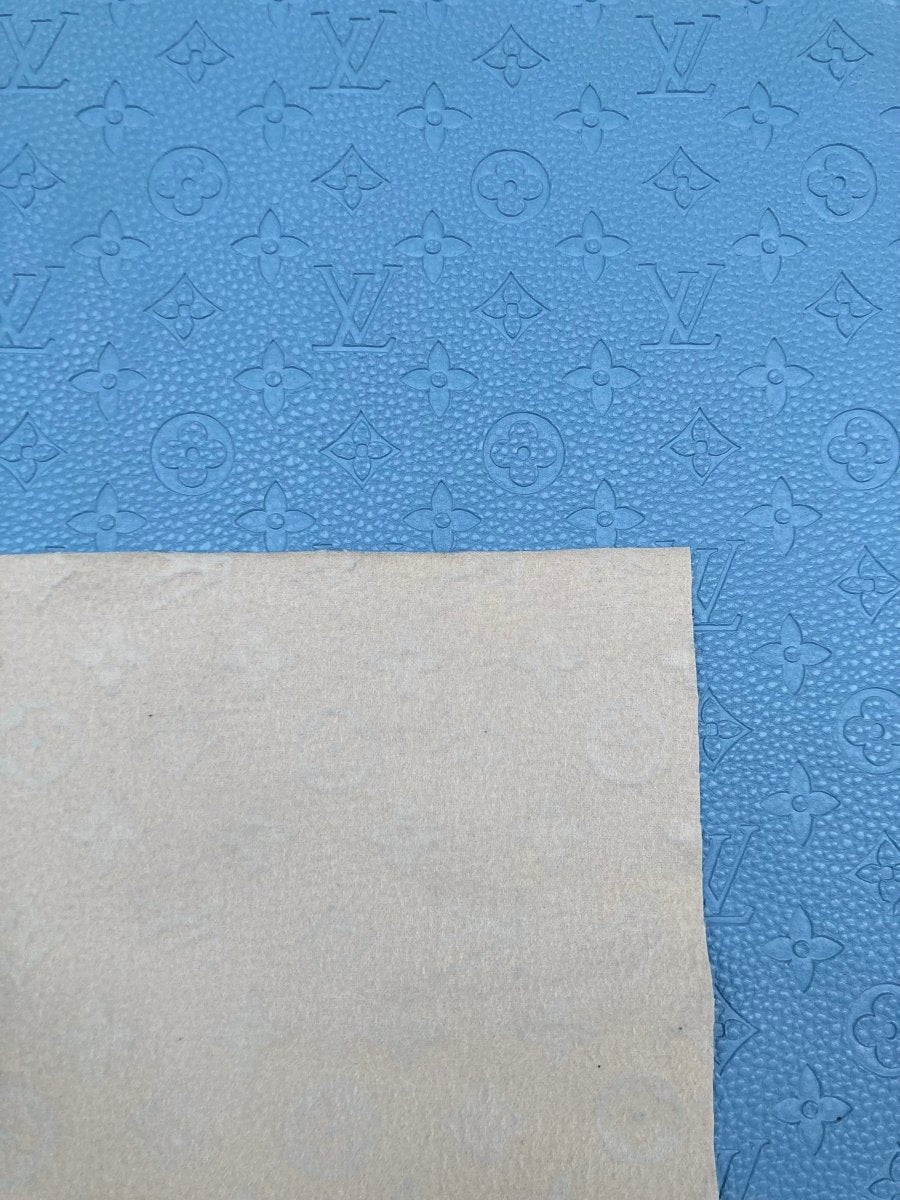 Handmade Baby Blue Embossed LV Leather Fabric for Custom Crafts Upholstery - mingfabricstore