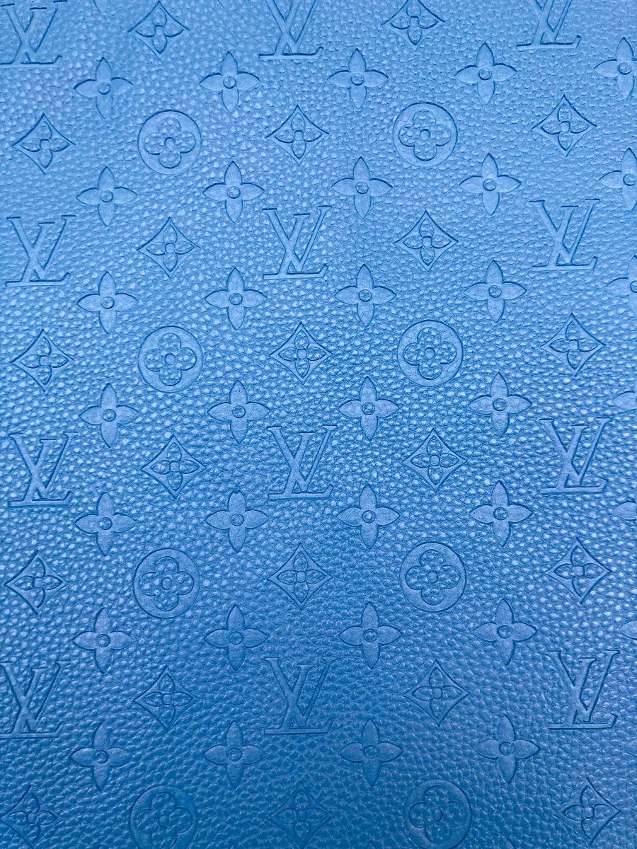 Handmade Baby Blue Embossed LV Leather Fabric for Custom Crafts Upholstery - mingfabricstore
