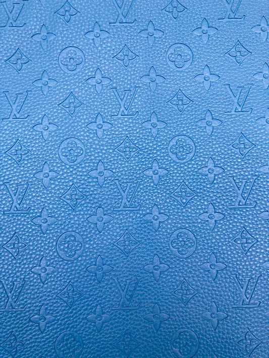 Handmade Baby Blue Embossed LV Leather Fabric for Custom Crafts Upholstery - mingfabricstore