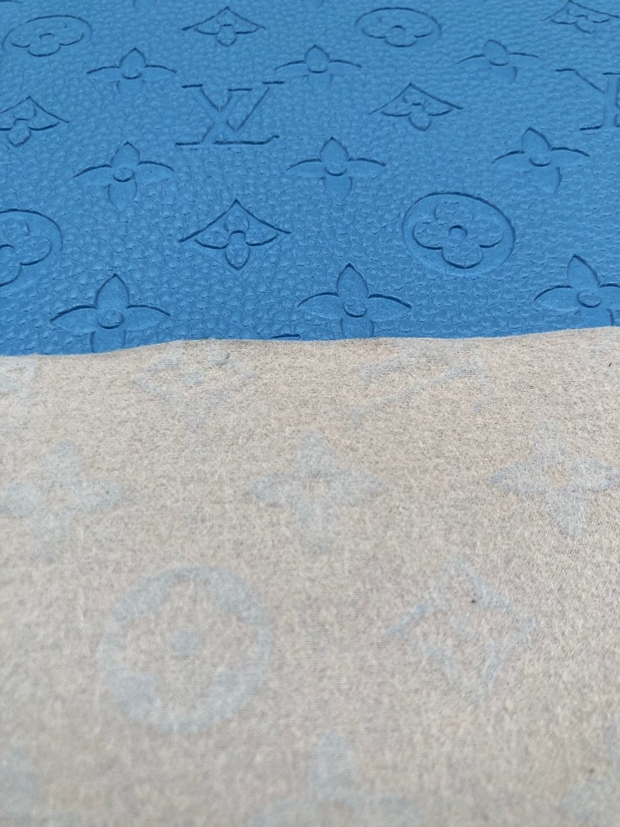 Handmade Baby Blue Embossed LV Leather Fabric for Custom Crafts Upholstery - mingfabricstore