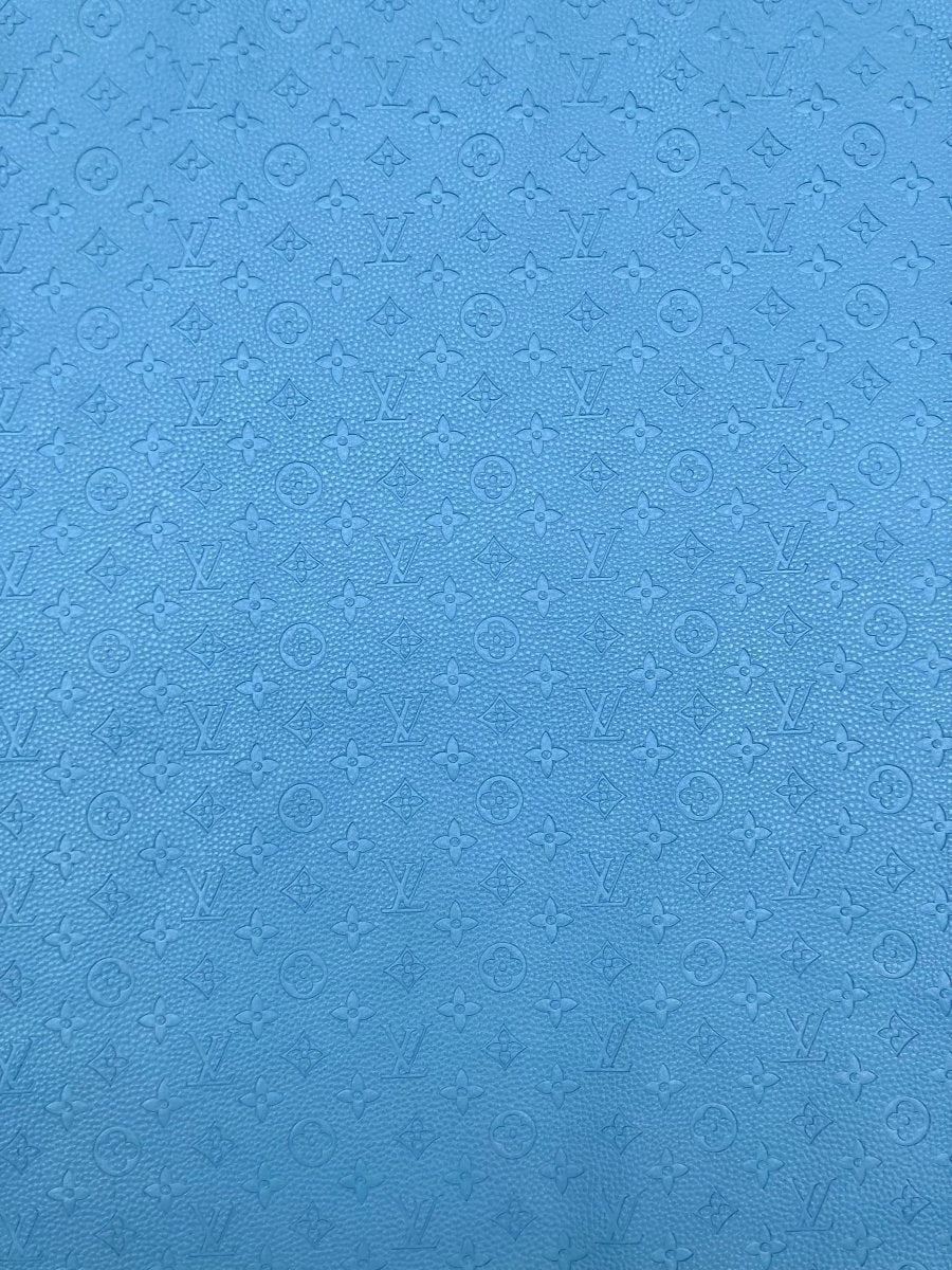 Handmade Baby Blue Embossed LV Leather Fabric for Custom Crafts Upholstery - mingfabricstore