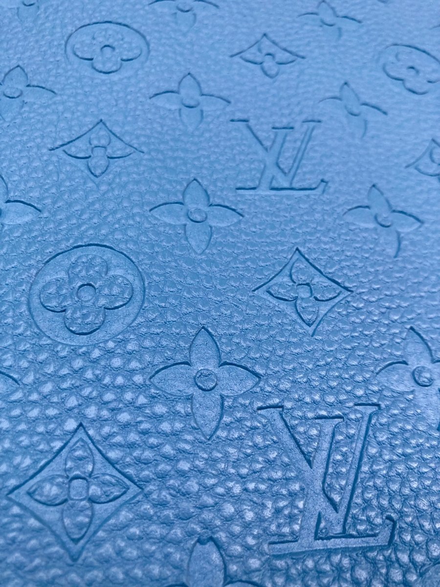 Handmade Baby Blue Embossed LV Leather Fabric for Custom Crafts Upholstery - mingfabricstore