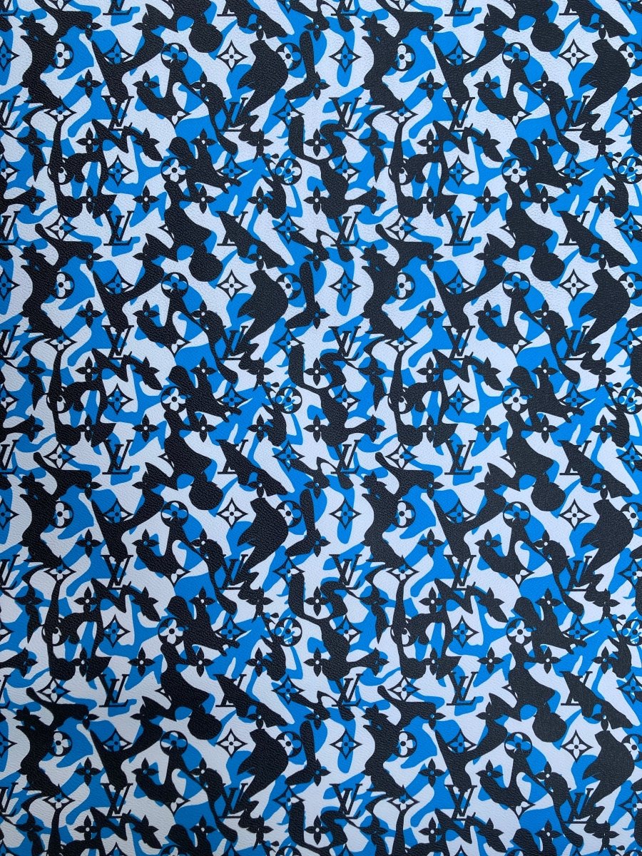 Handmade Blue Camouflage LV Vinyl Leather Fabric for Custom Sneakers - mingfabricstore