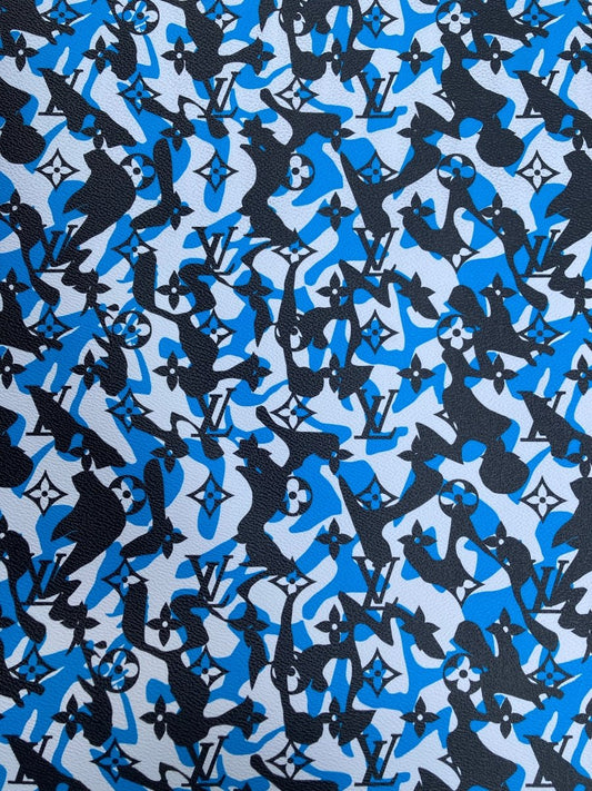 Handmade Blue Camouflage LV Vinyl Leather Fabric for Custom Sneakers - mingfabricstore
