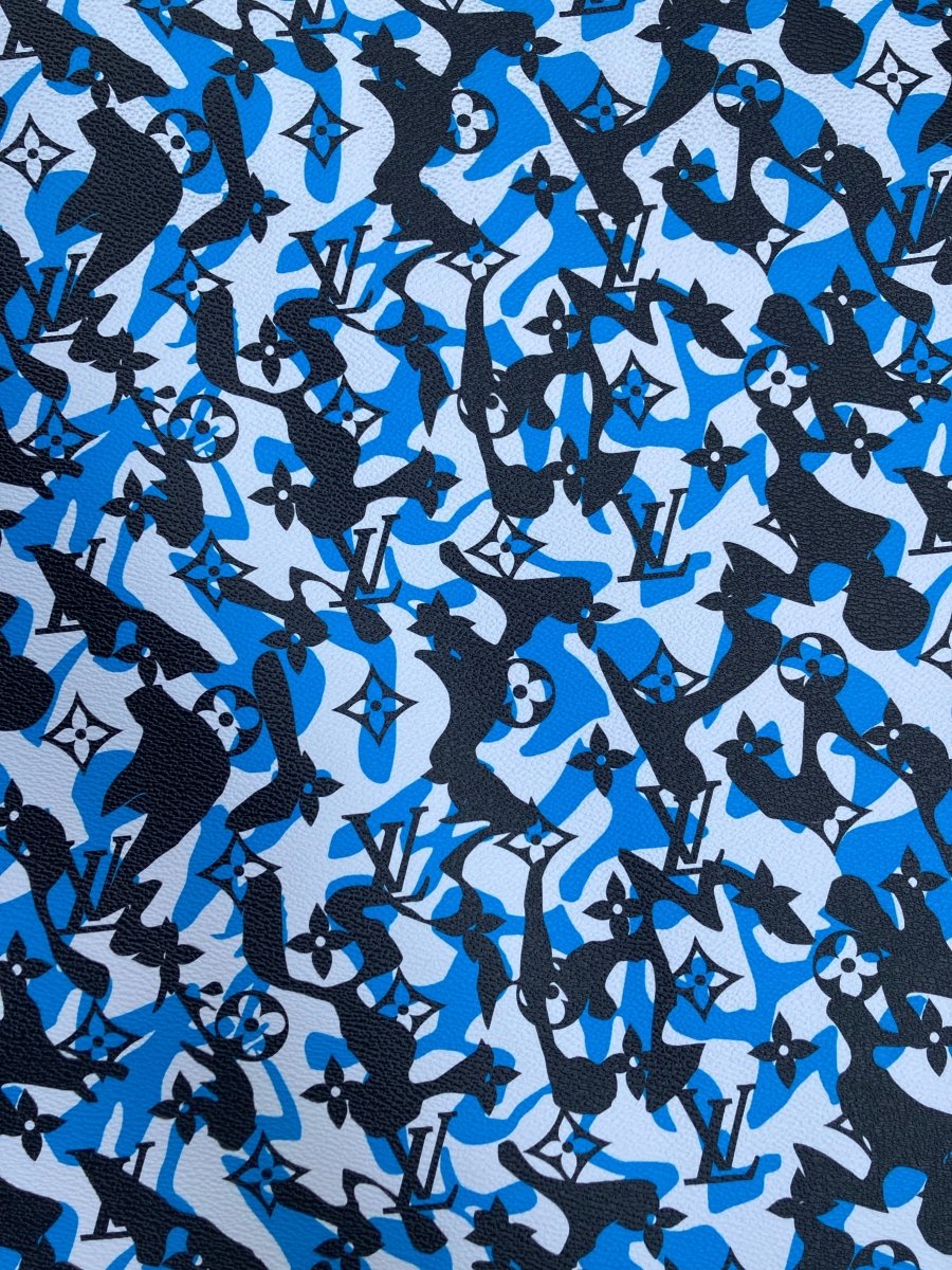 Handmade Blue Camouflage LV Vinyl Leather Fabric for Custom Sneakers - mingfabricstore