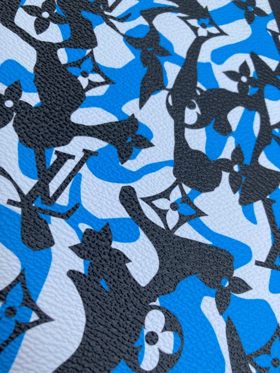 Handmade Blue Camouflage LV Vinyl Leather Fabric for Custom Sneakers - mingfabricstore