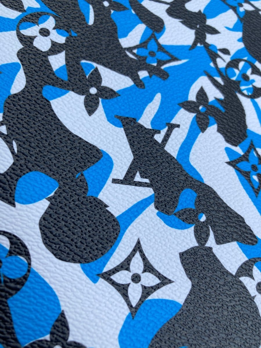 Handmade Blue Camouflage LV Vinyl Leather Fabric for Custom Sneakers - mingfabricstore