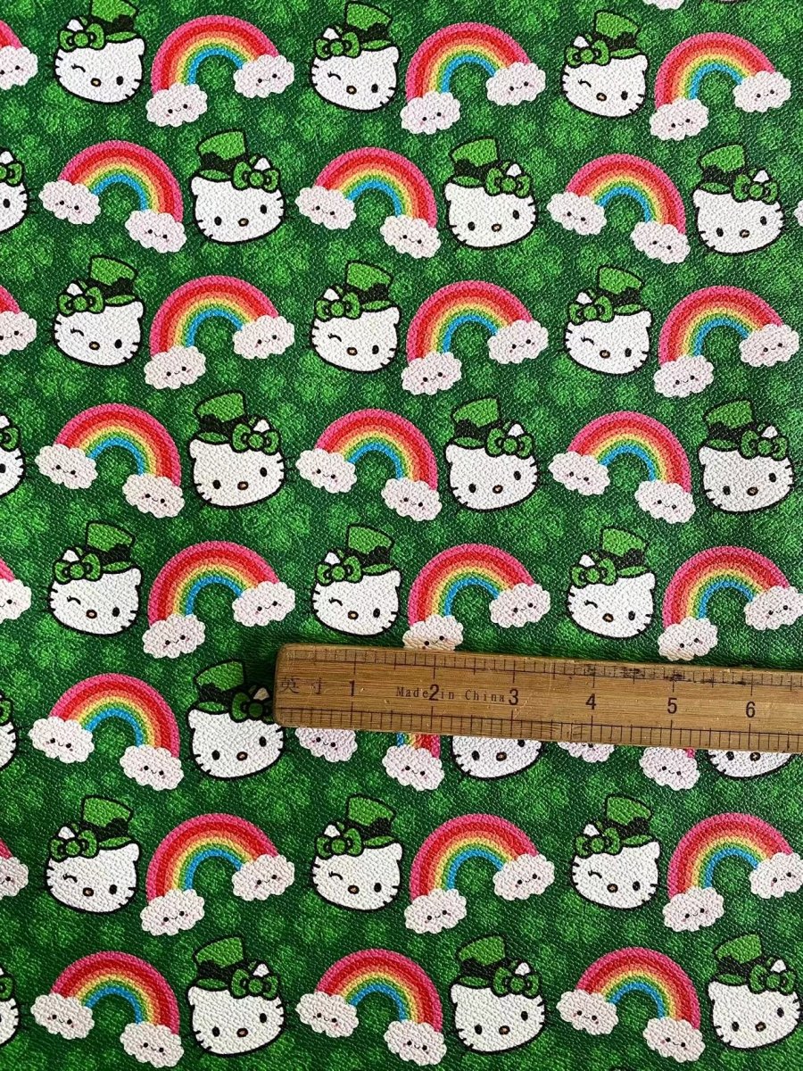 Hello Kitty Cartoon Custom Vinyl Faux Leather Fabric St. Patrick's Day - mingfabricstore