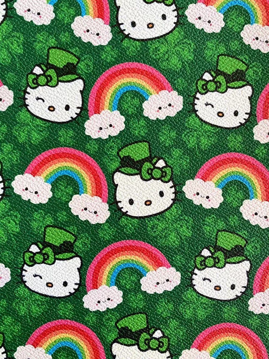 Hello Kitty Cartoon Custom Vinyl Faux Leather Fabric St. Patrick's Day - mingfabricstore
