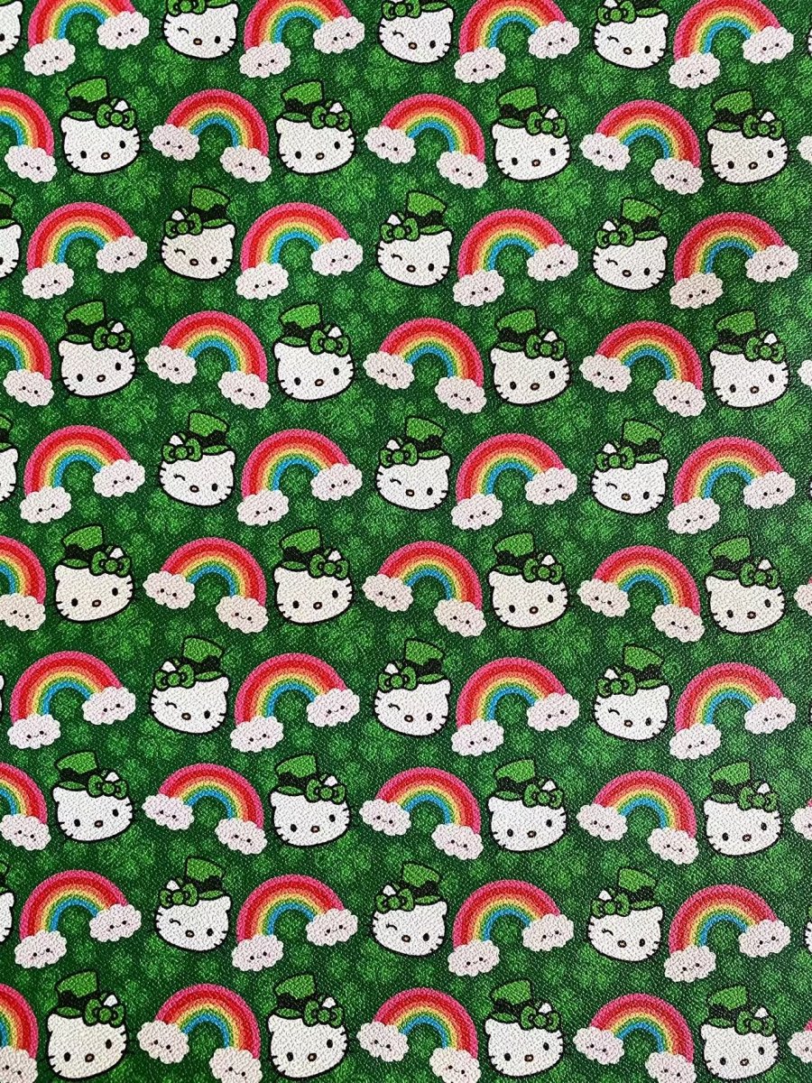 Hello Kitty Cartoon Custom Vinyl Faux Leather Fabric St. Patrick's Day - mingfabricstore