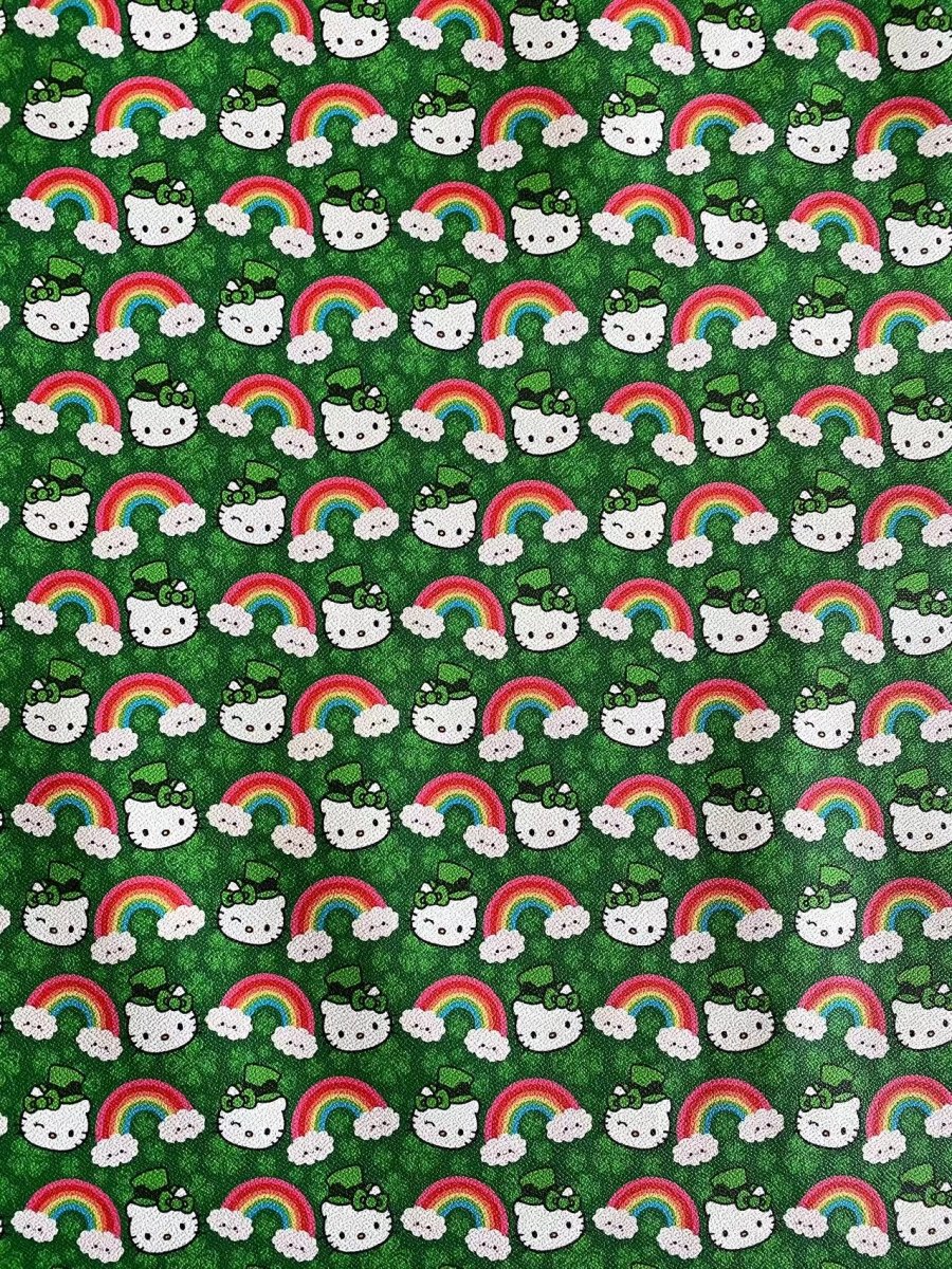 Hello Kitty Cartoon Custom Vinyl Faux Leather Fabric St. Patrick's Day - mingfabricstore