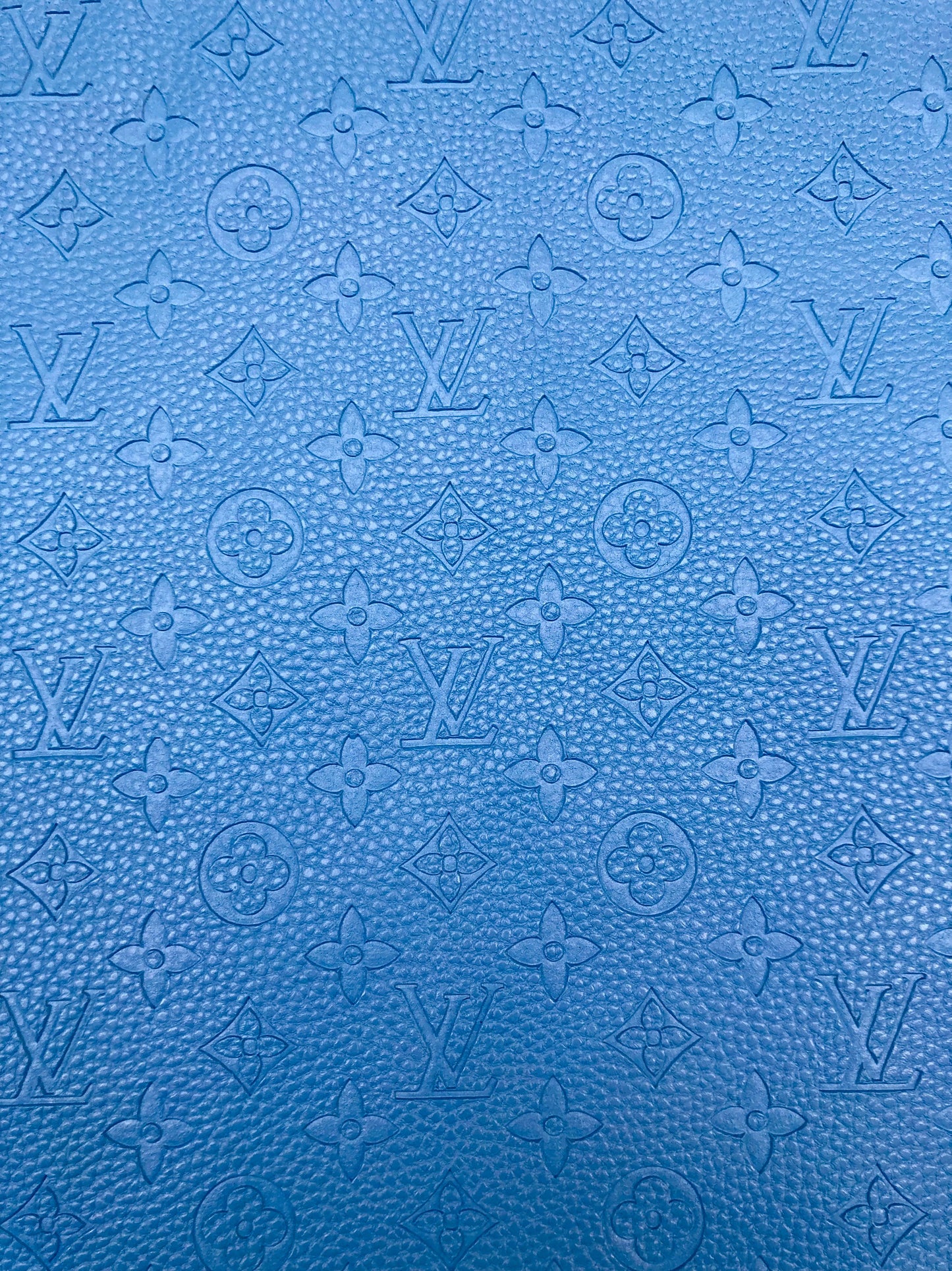 Handmade Baby Blue Embossed LV Leather Fabric for Custom Crafts Upholstery