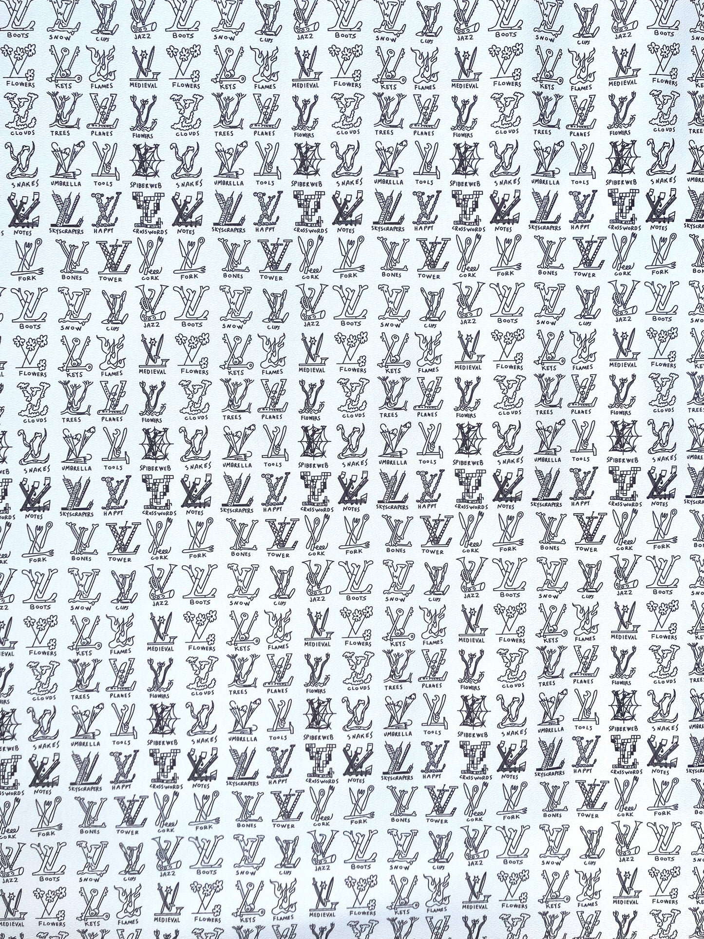 Custom Hand painted Casual LV Doodle Vinyl Leather Fabric for DIY Bag Upholstery