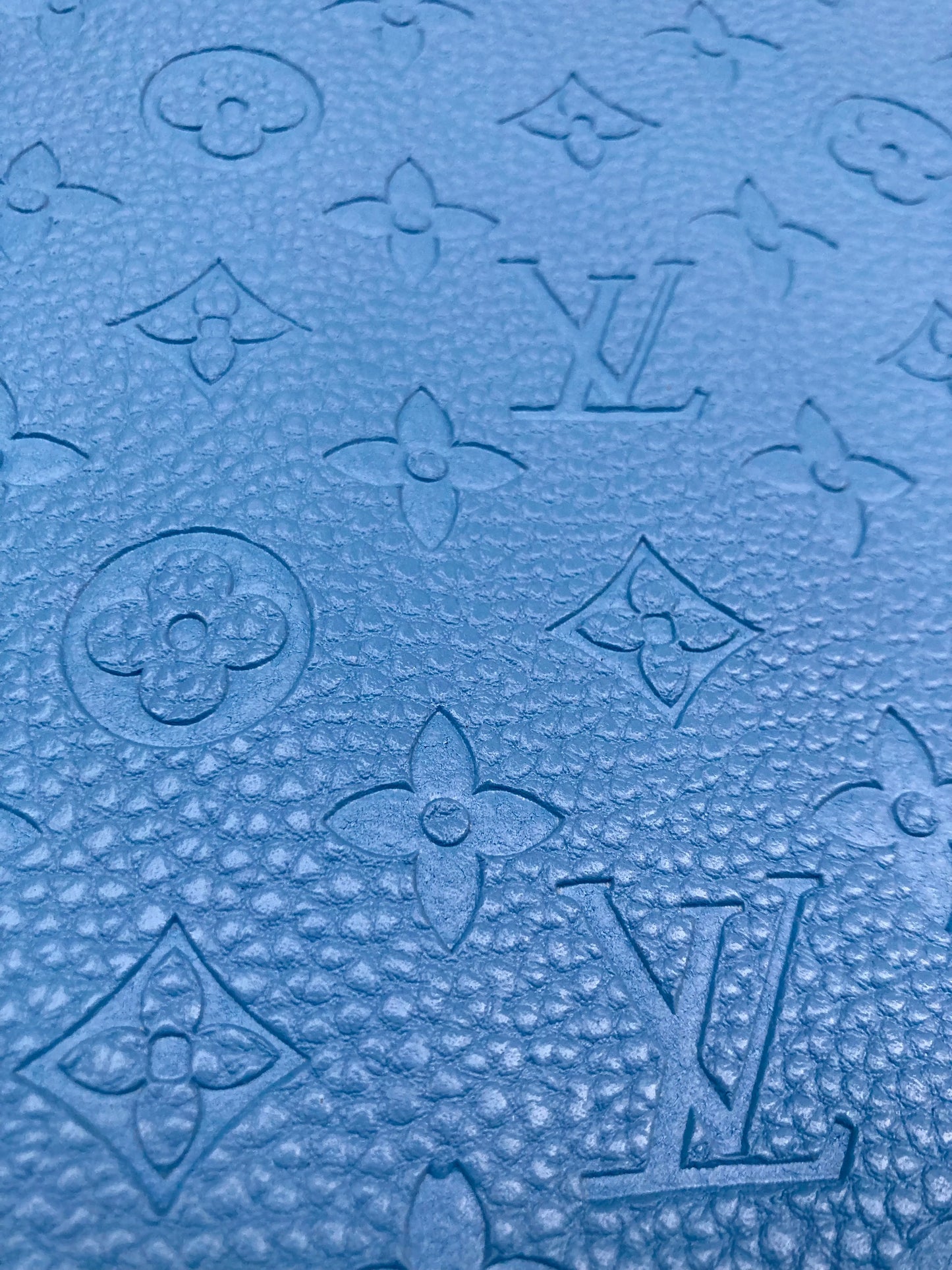 Handmade Baby Blue Embossed LV Leather Fabric for Custom Crafts Upholstery