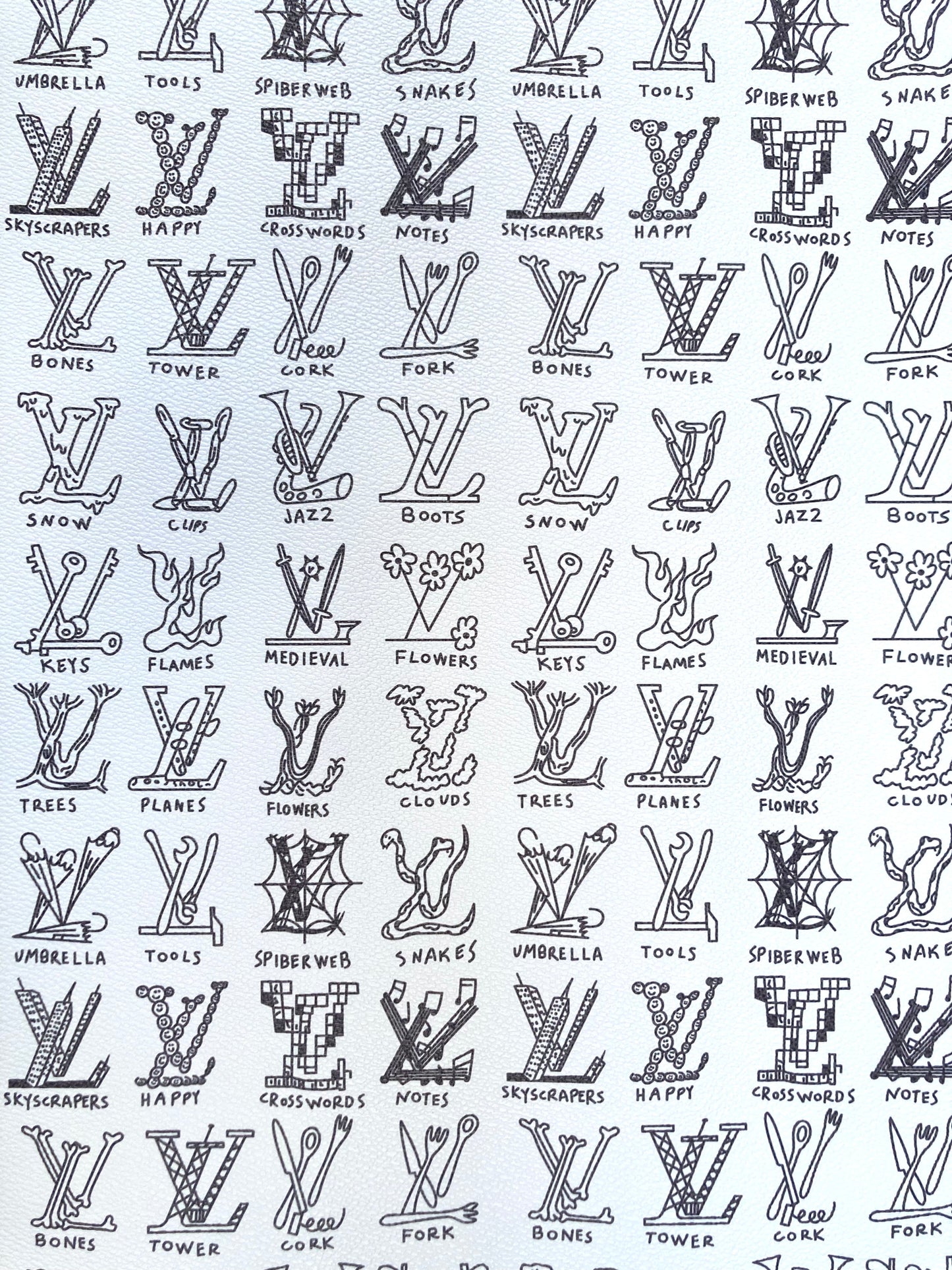 Custom Hand painted Casual LV Doodle Vinyl Leather Fabric for DIY Bag Upholstery