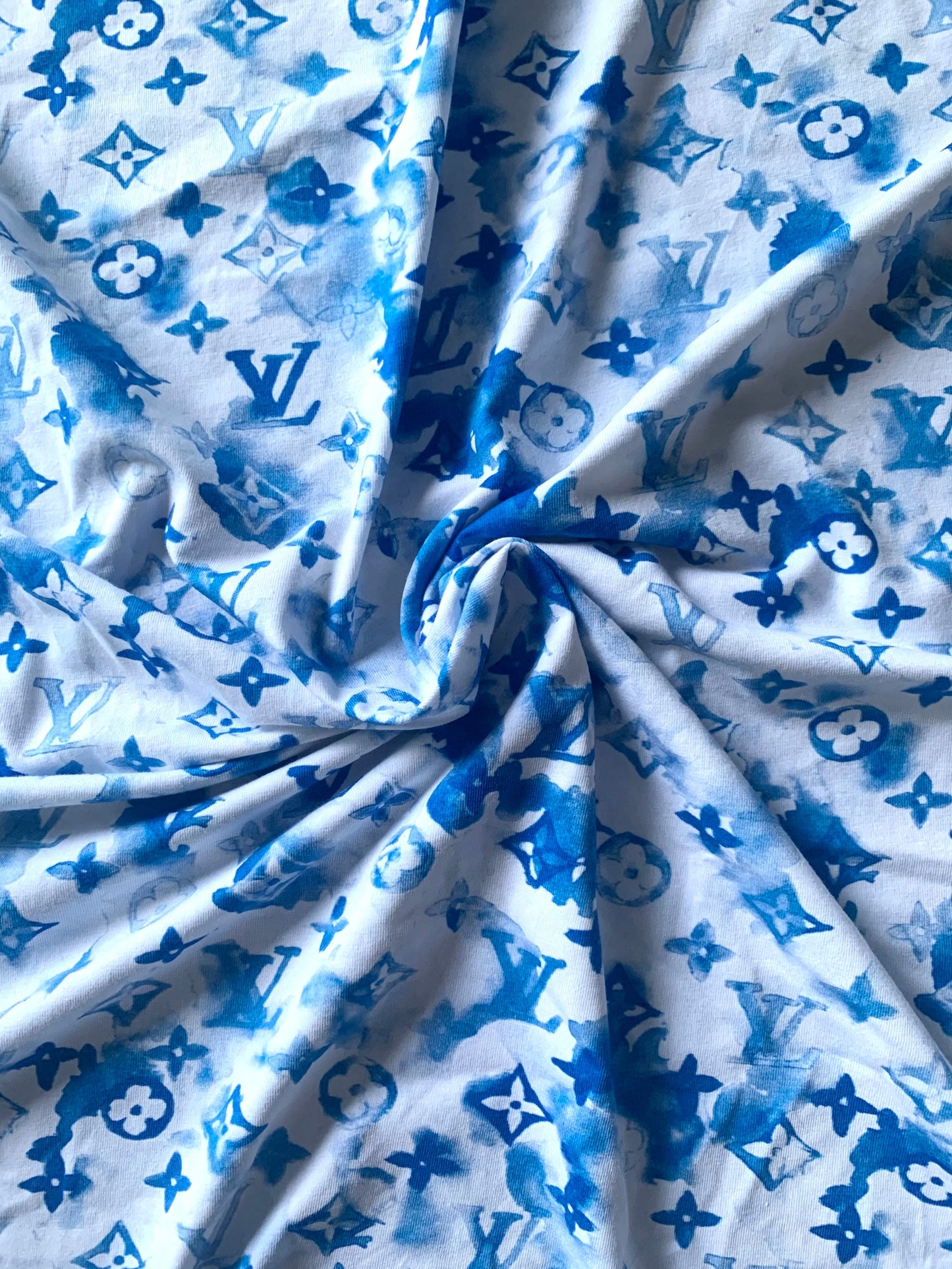 Stretchy Blue Watercolor LV Cotton Fabric for T-Shirt