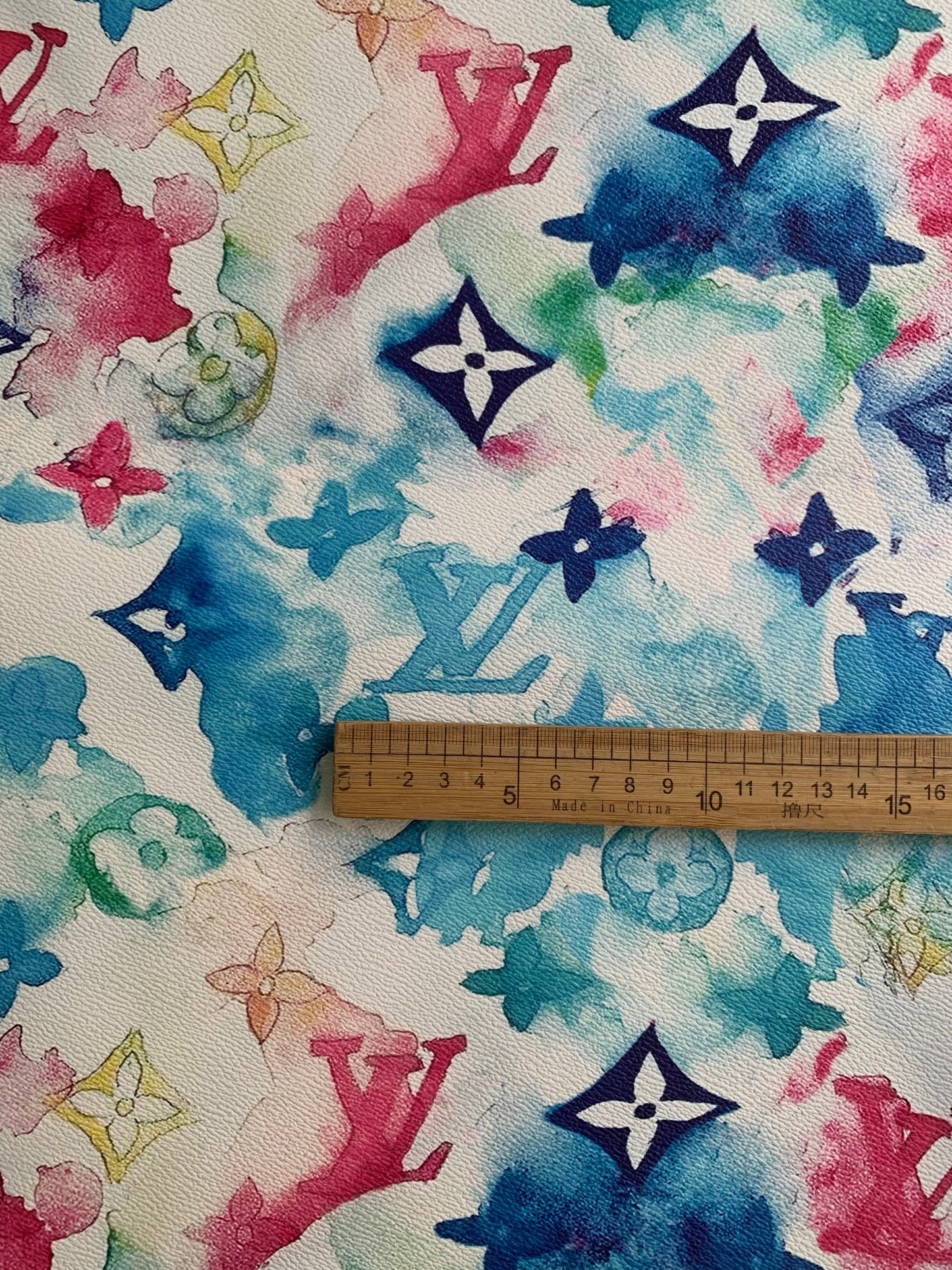Colorful Watercolor Painting LV Designer Leather Fabric for Custom
