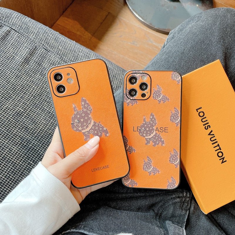 LV Orange Leather with French Fighting Dog Phone Cases. - mingfabricstore