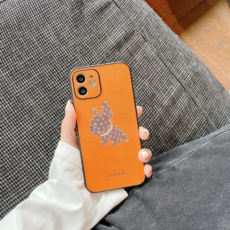 LV Orange Leather with French Fighting Dog Phone Cases. - mingfabricstore