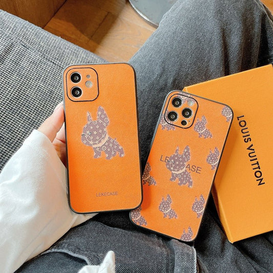 LV Orange Leather with French Fighting Dog Phone Cases. - mingfabricstore