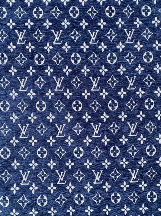 Navy LV Louis Vuitton Chenille Sofa Fabric for Upholstery Sewing Handmade - mingfabricstore