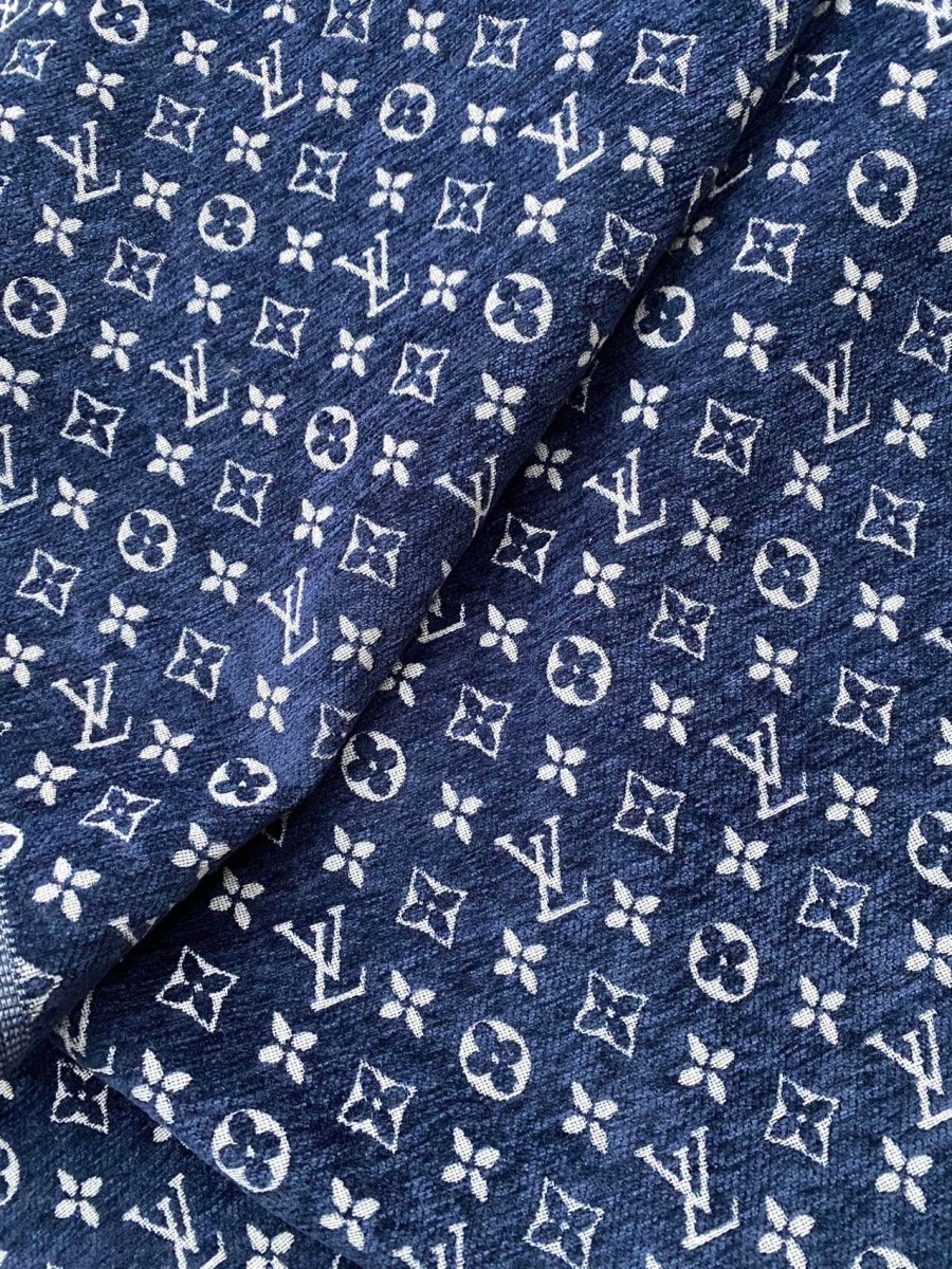 Navy LV Louis Vuitton Chenille Sofa Fabric for Upholstery Sewing Handmade - mingfabricstore