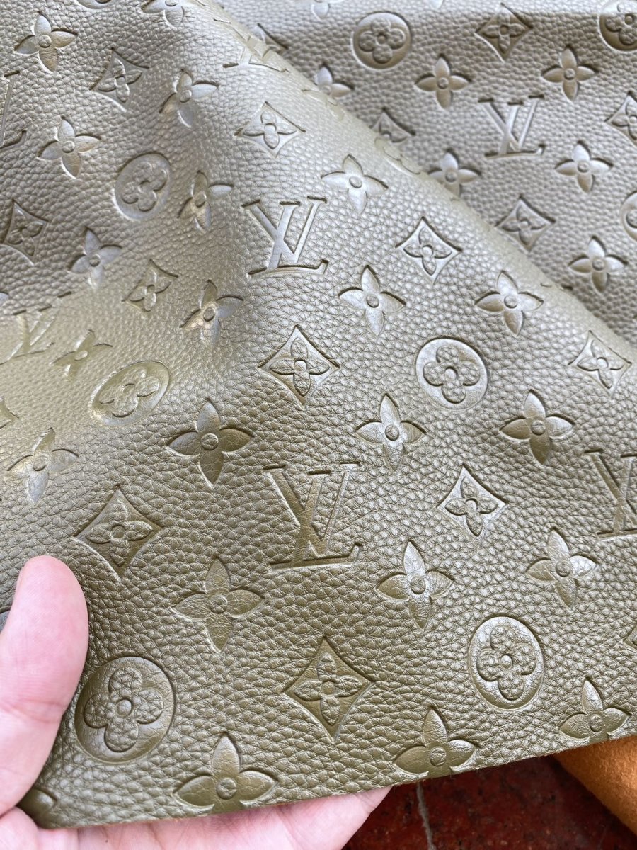 Olive Green Soft Embossed Louis Vuitton Leather Designer Fabric - mingfabricstore