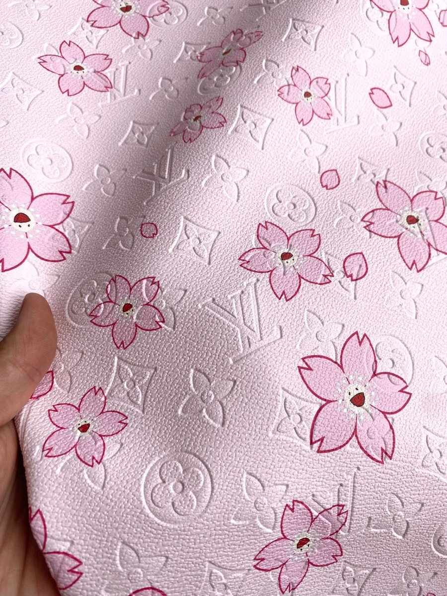 Pink Cherry LV Takashi Murakami Embossed Designer Leather Fabric - mingfabricstore