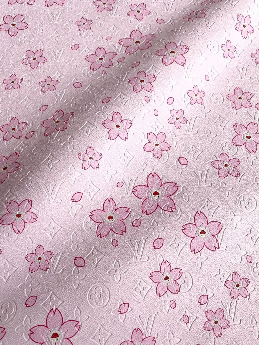 Pink Cherry LV Takashi Murakami Embossed Designer Leather Fabric - mingfabricstore