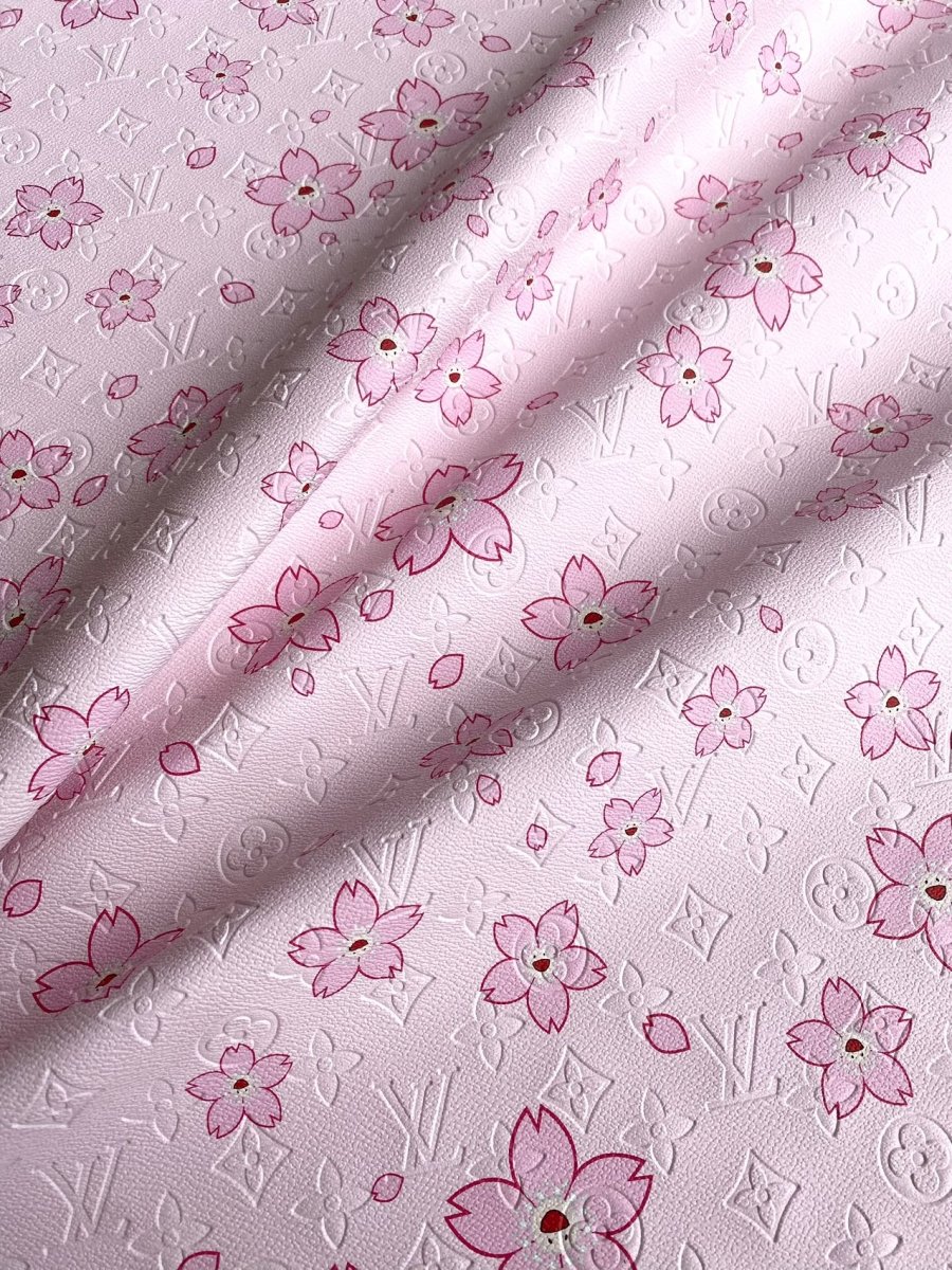 Pink Cherry LV Takashi Murakami Embossed Designer Leather Fabric - mingfabricstore