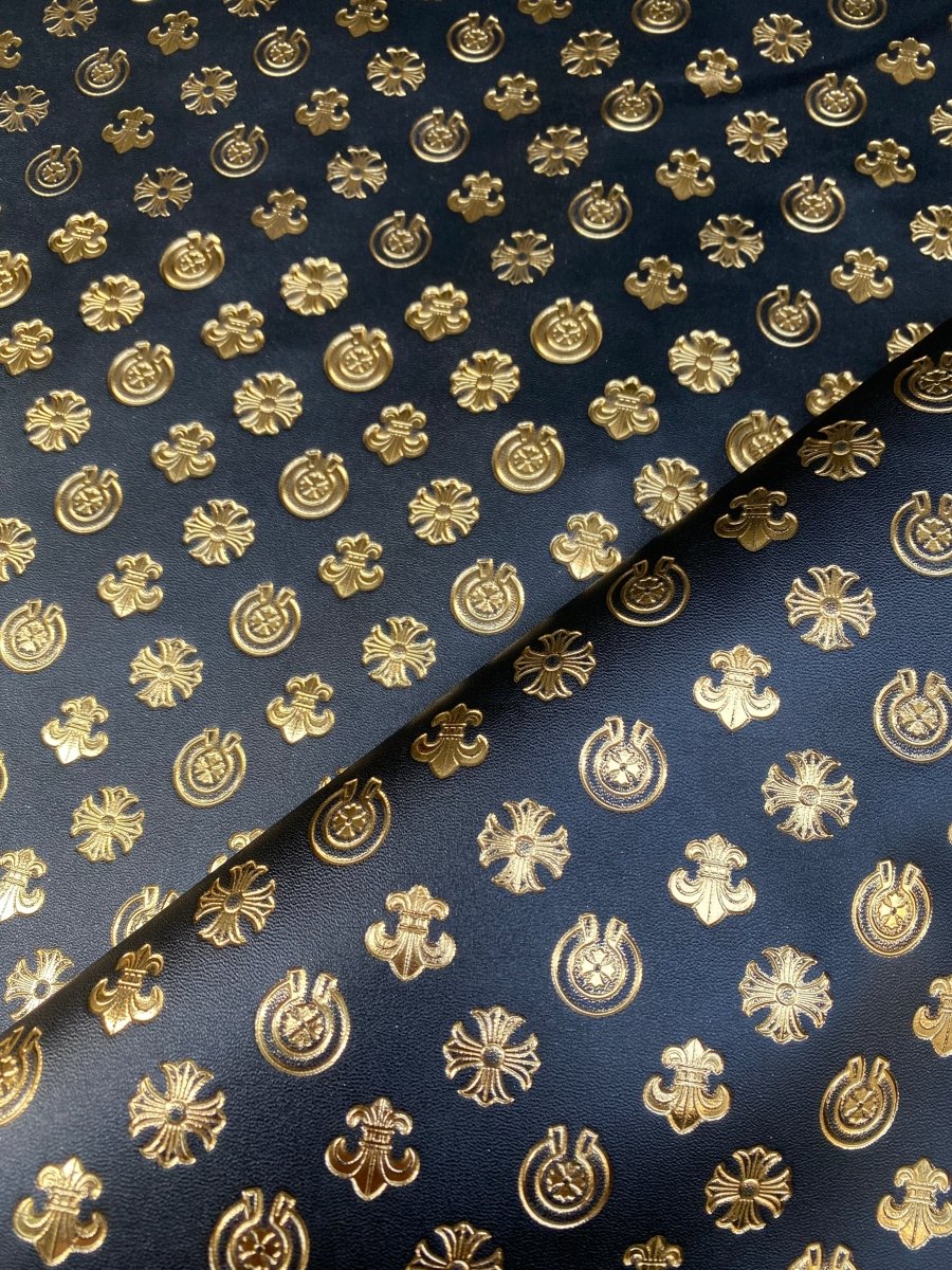 Premium Napa Black Golden Embossed Chrome Hearts Leather Vinyl Material for Handmade Helmet - mingfabricstore