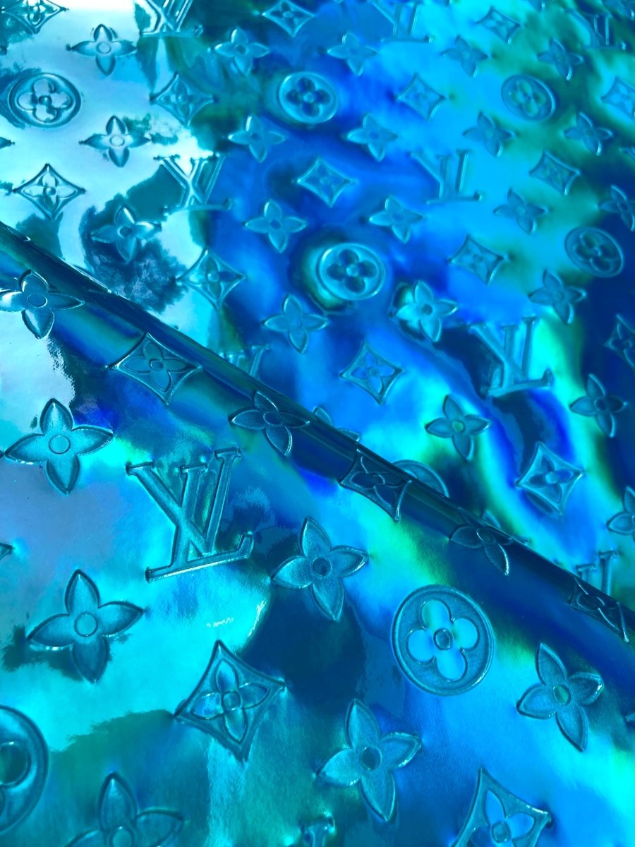 Reflective Turquoise Embossed LV Vinyl Fabric for Custom Sneakers DIY Sewing - mingfabricstore