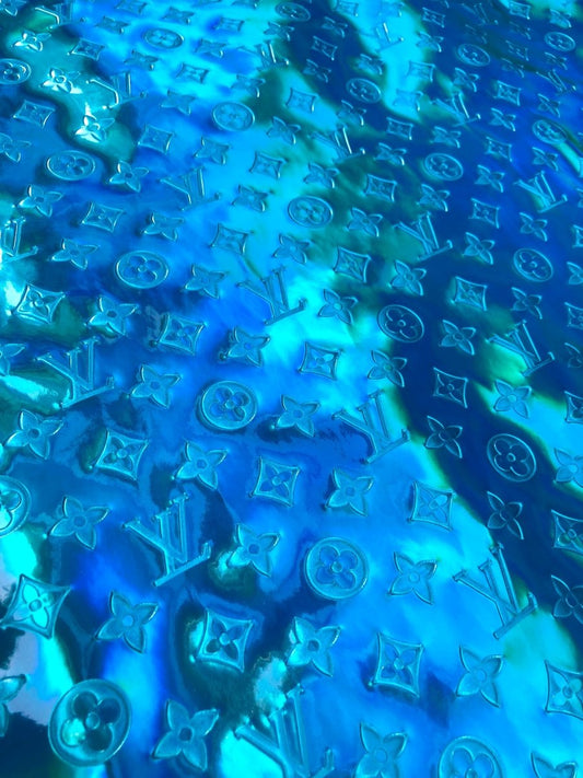 Reflective Turquoise Embossed LV Vinyl Fabric for Custom Sneakers DIY Sewing - mingfabricstore
