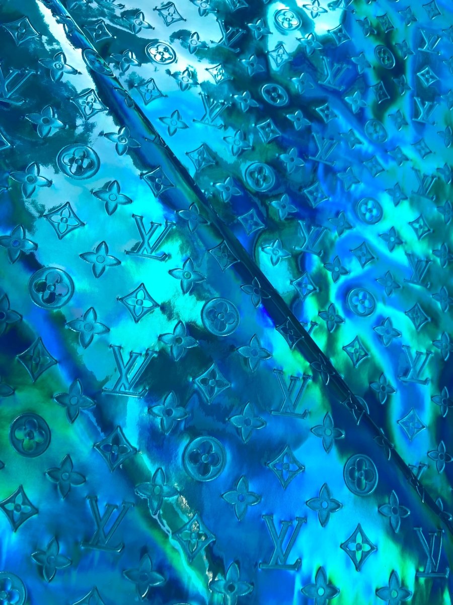 Reflective Turquoise Embossed LV Vinyl Fabric for Custom Sneakers DIY Sewing - mingfabricstore