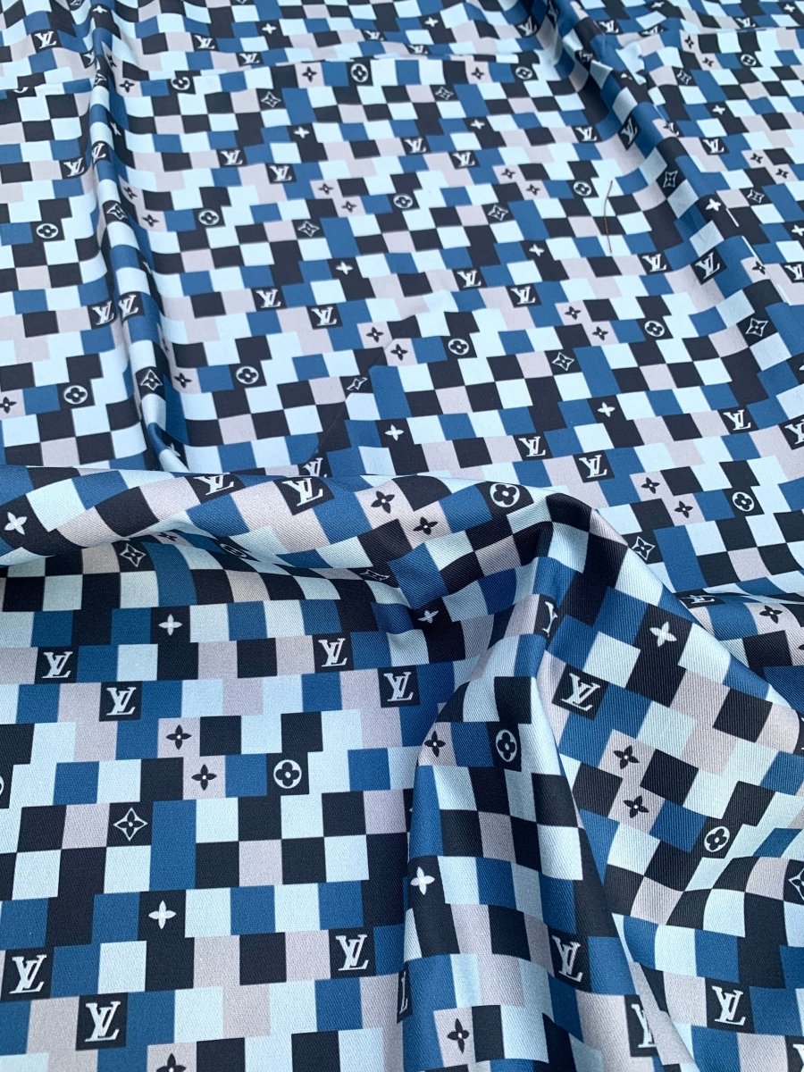 Sewing Custom Blue Damier Camouflage LV Cotton Fabric for DIY Apparel Suit - mingfabricstore