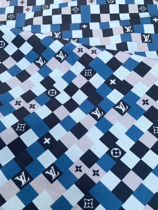 Sewing Custom Blue Damier Camouflage LV Cotton Fabric for DIY Apparel Suit - mingfabricstore