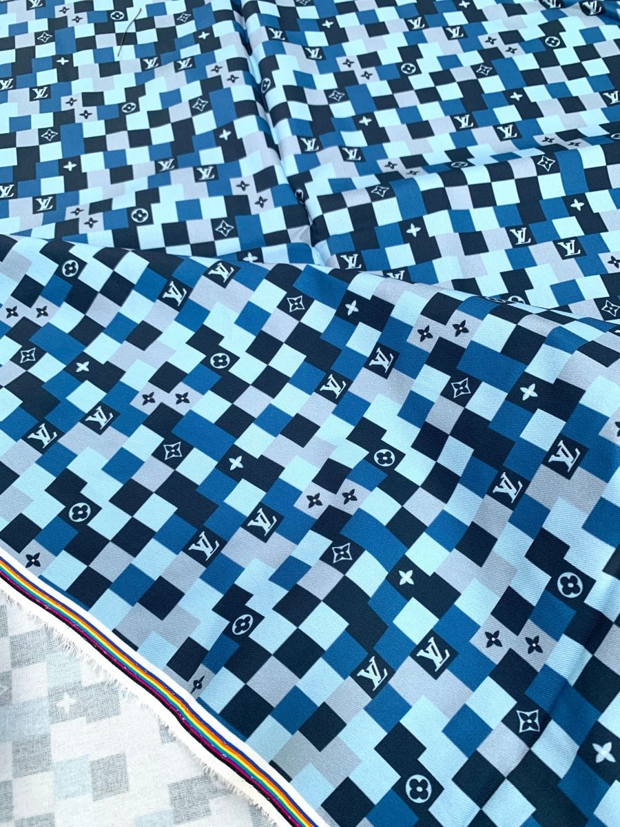 Sewing Custom Blue Damier Camouflage LV Cotton Fabric for DIY Apparel Suit - mingfabricstore